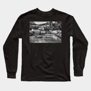 Clovelly Harbor, North Devon, England, Black And White Long Sleeve T-Shirt